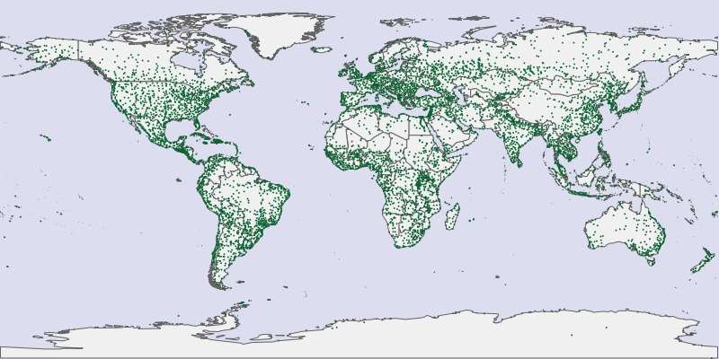 Изображение границ стран и популярных мест, созданное MapServer из векторных данных в таблице MS SQL Server
