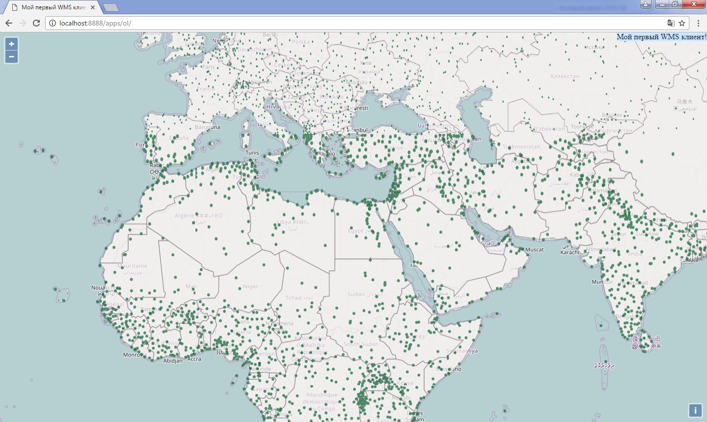 Отображение MapServer WMS полигонального слоя границ стран и слоя точечных объектов